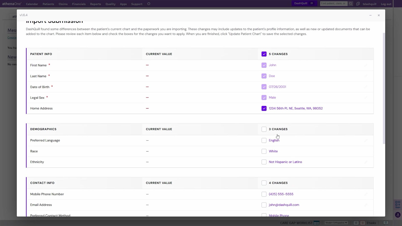 The review screen inside athenahealth: current values beside new values, accepted one change at a time