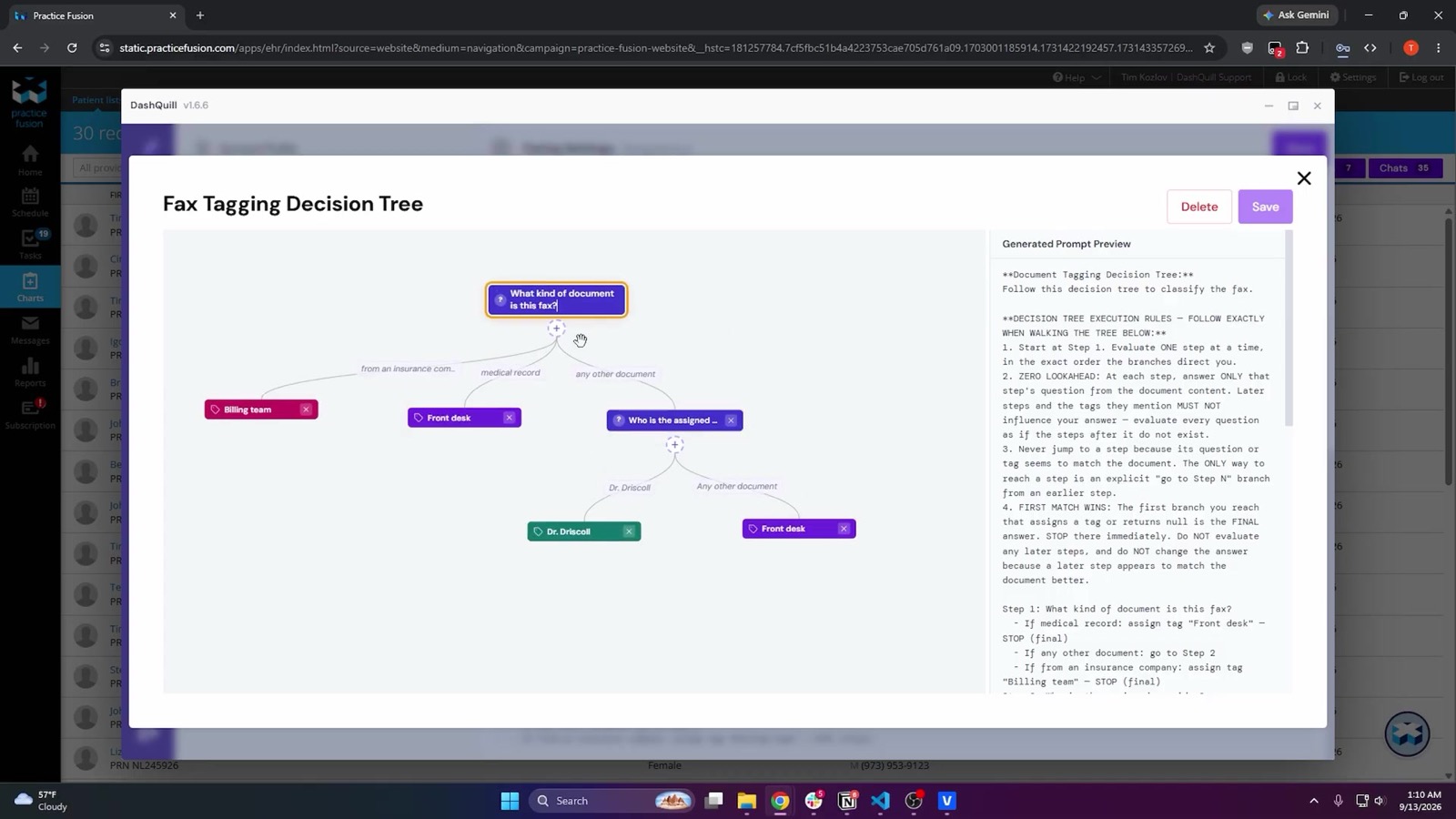 A fax tagging decision tree: document type first, then provider named, with a catch-all branch