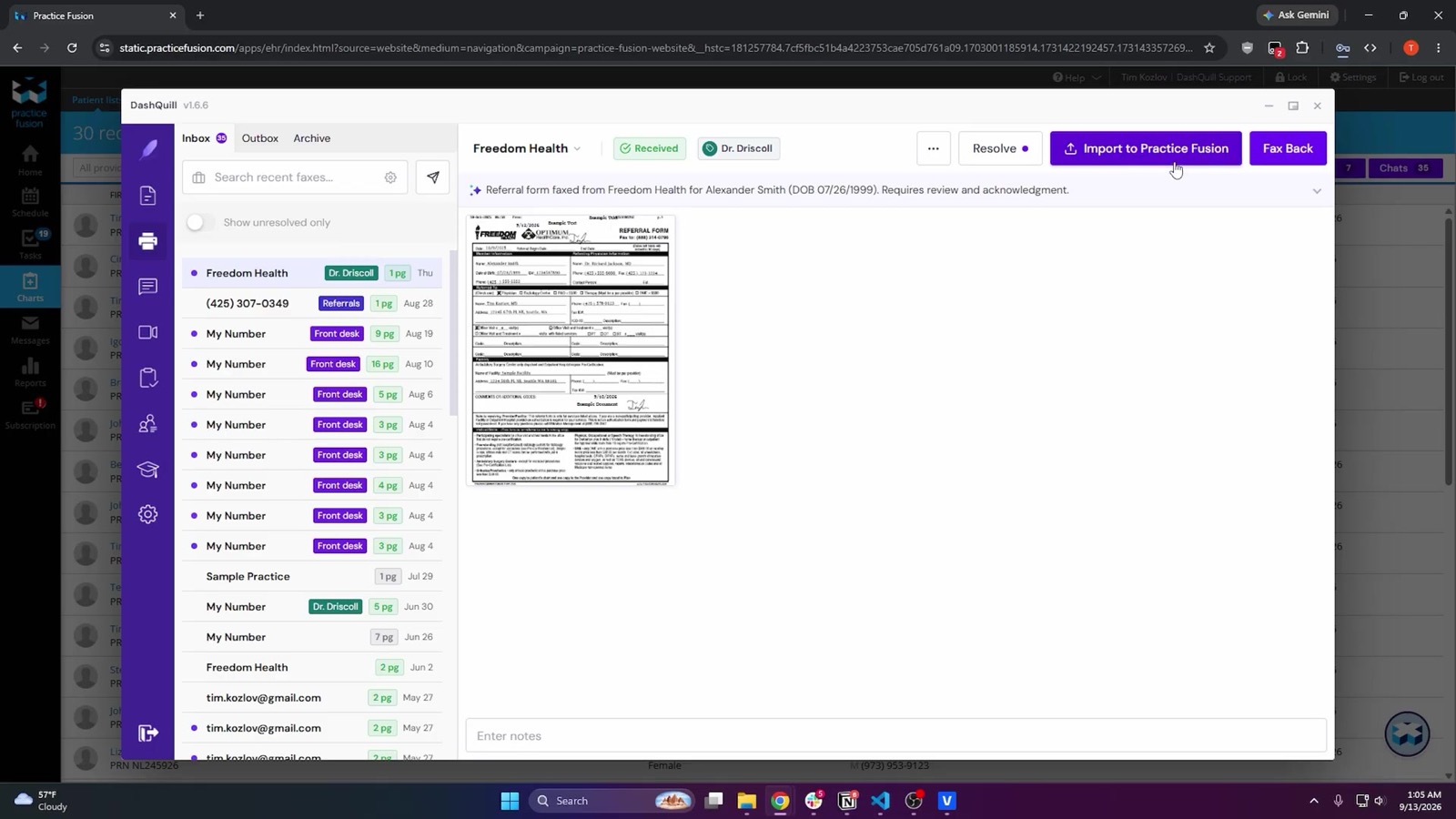 A referral in the inbox inside Practice Fusion: the one-line summary with the patient name and date of birth read off the fax, the Referrals tag, and the Import to Practice Fusion button