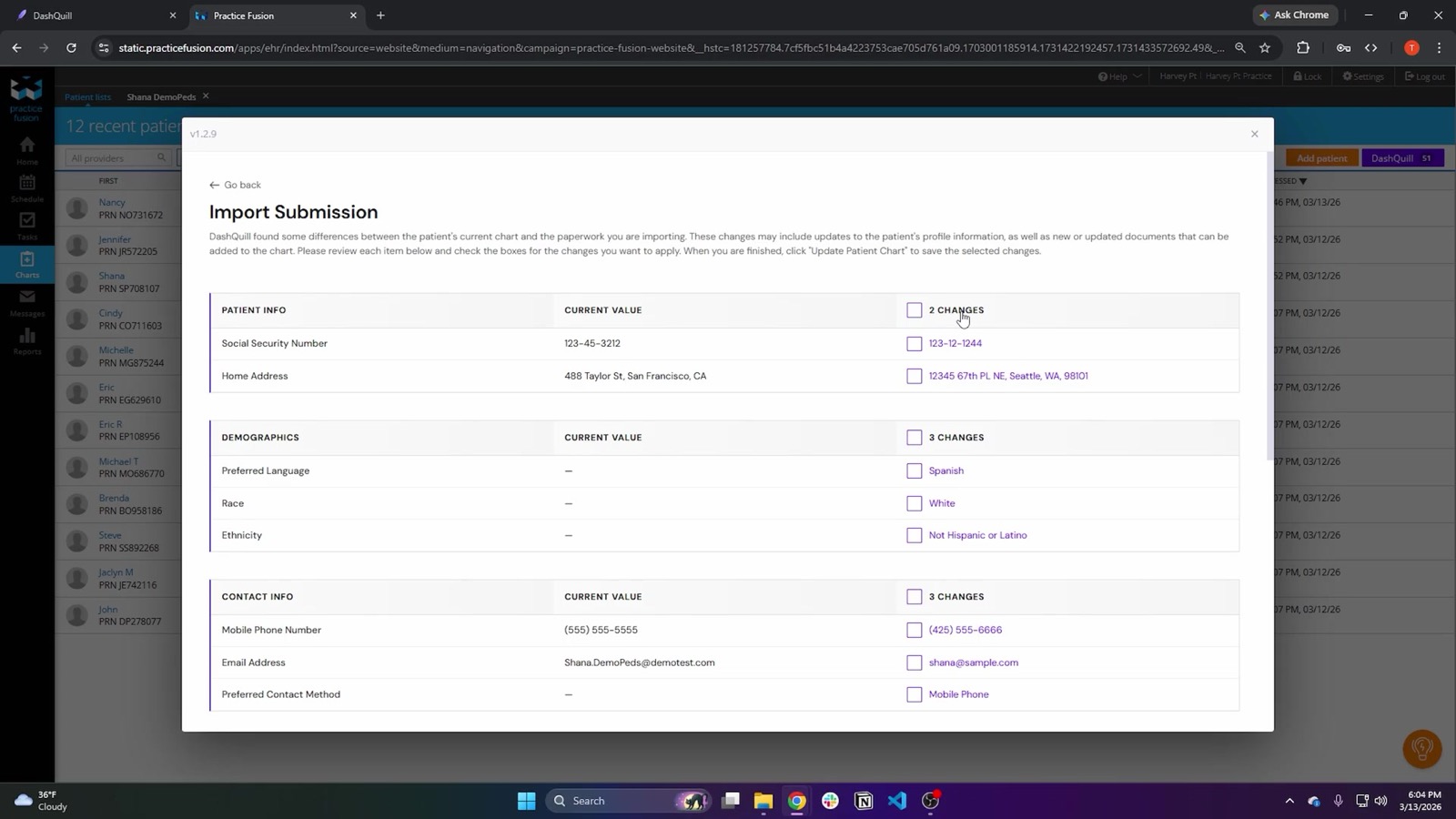 The review screen: current Practice Fusion values on the left, new values from the form on the right, each change accepted individually