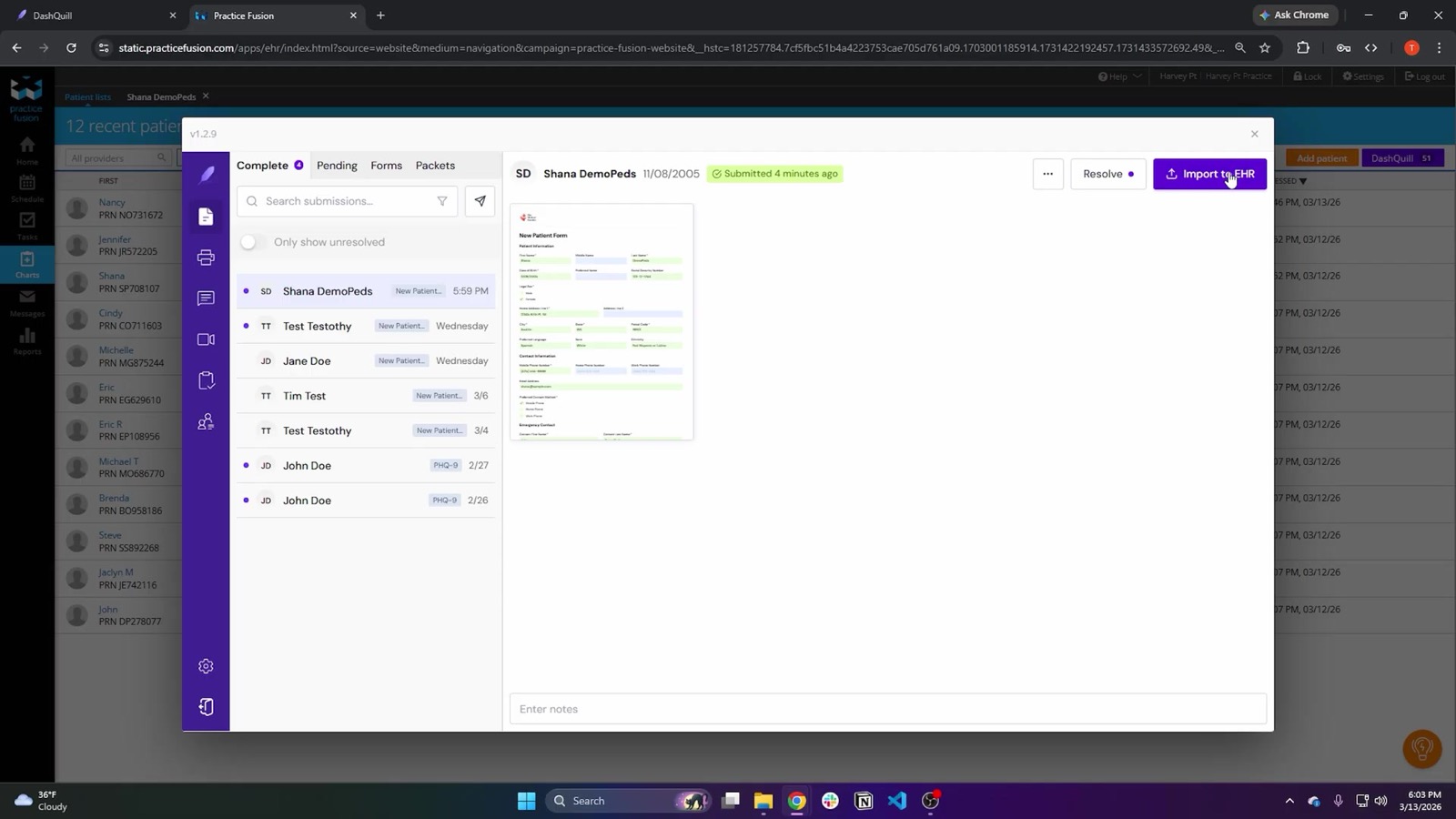 Import Submission: the tool searches the EHR for matching charts or lets staff create a new one