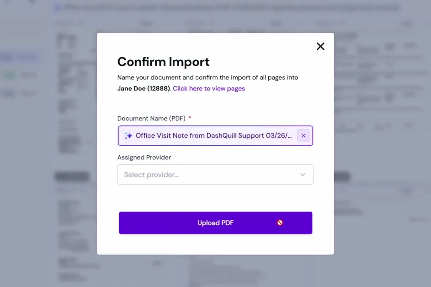 Confirm Import dialog in AdvancedMD with the document name pre-filled by AI and an assigned provider field