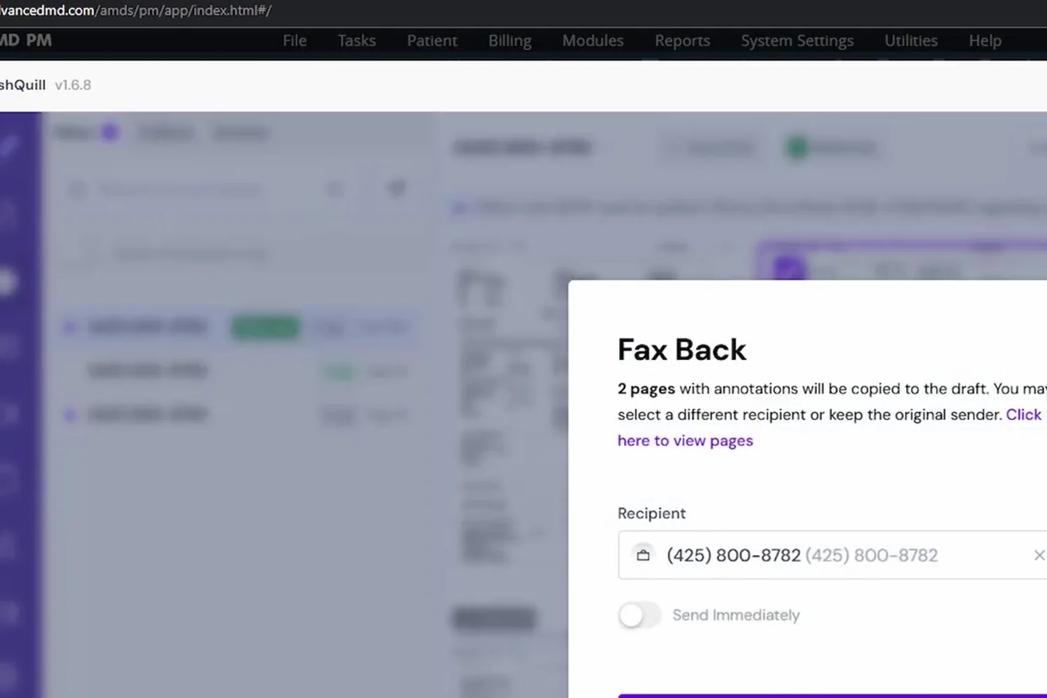 Fax Back dialog in AdvancedMD: two annotated pages copied to a draft addressed to the original sender