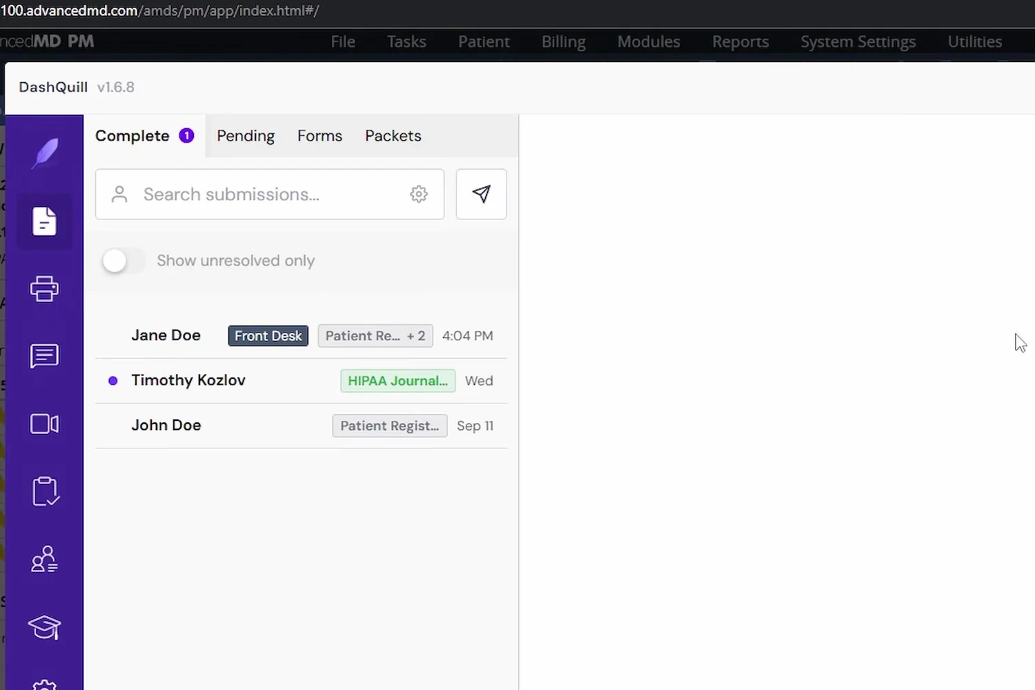 DashQuill Forms inbox opened inside the AdvancedMD PM with completed submissions tagged Front Desk