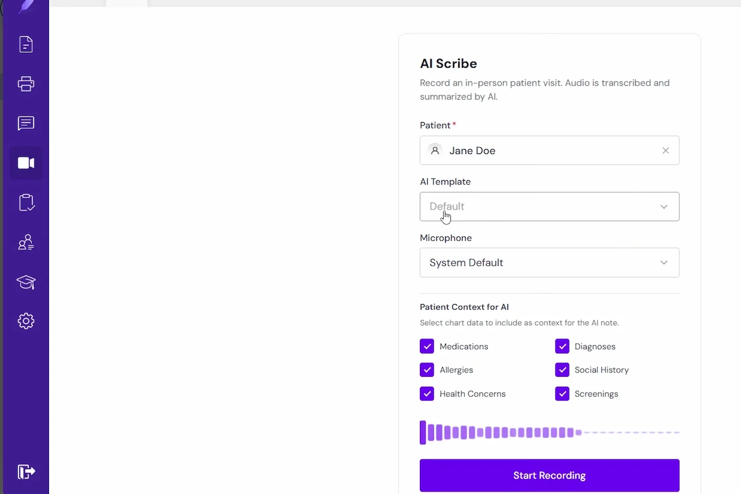 AI Scribe setup in AdvancedMD with medications, diagnoses, allergies, social history, health concerns and screenings selected as context