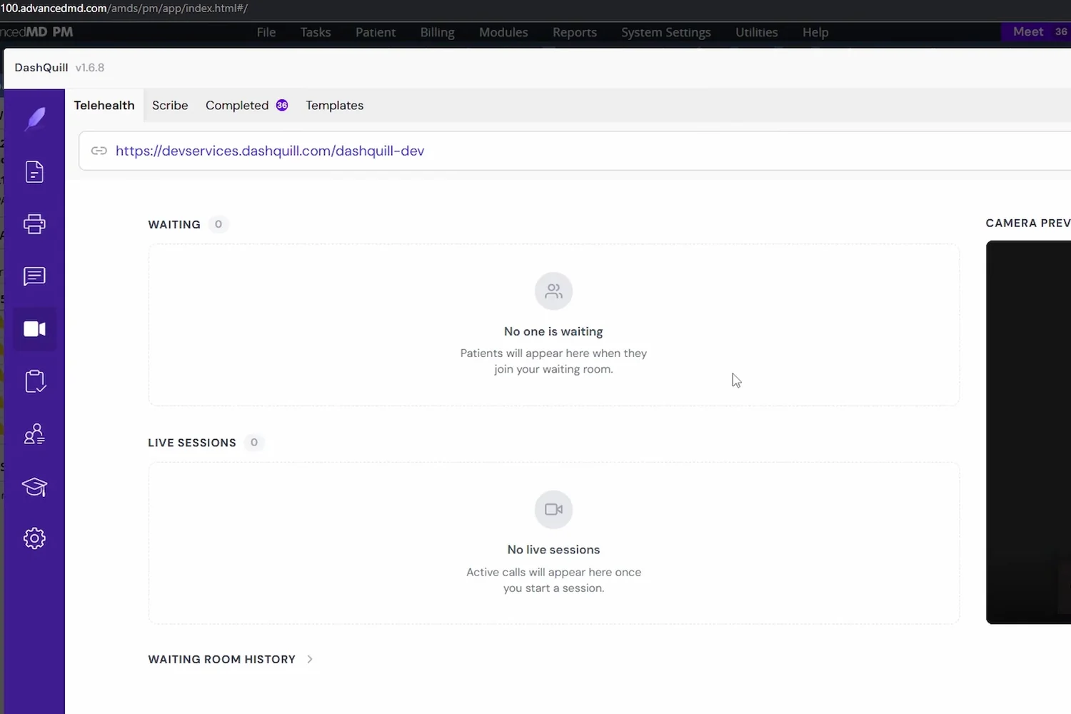 Telehealth waiting room inside AdvancedMD with the office meeting link, waiting list and camera preview