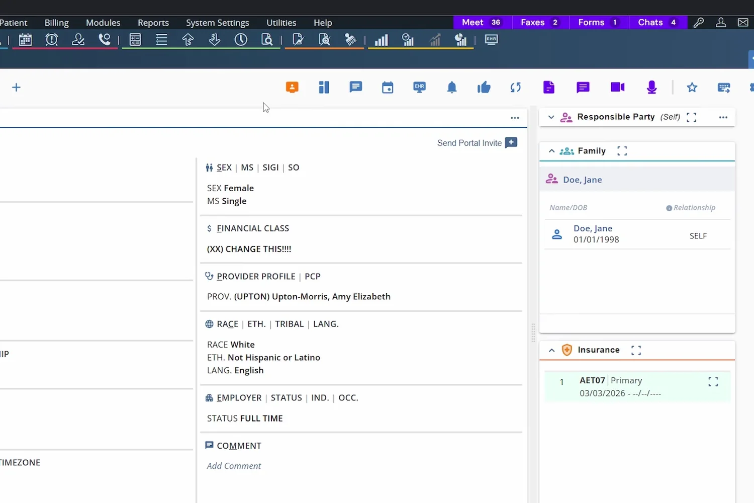 An AdvancedMD PM patient chart with DashQuill's Meet, Faxes, Forms and Chats buttons in the top bar