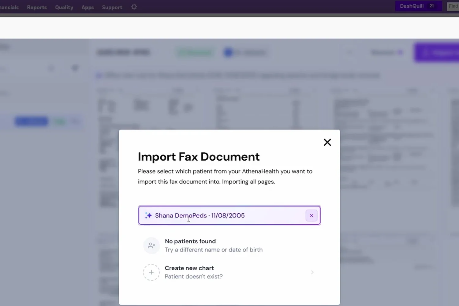 Import Fax Document dialog inside AthenaHealth with the AI-matched patient pre-selected