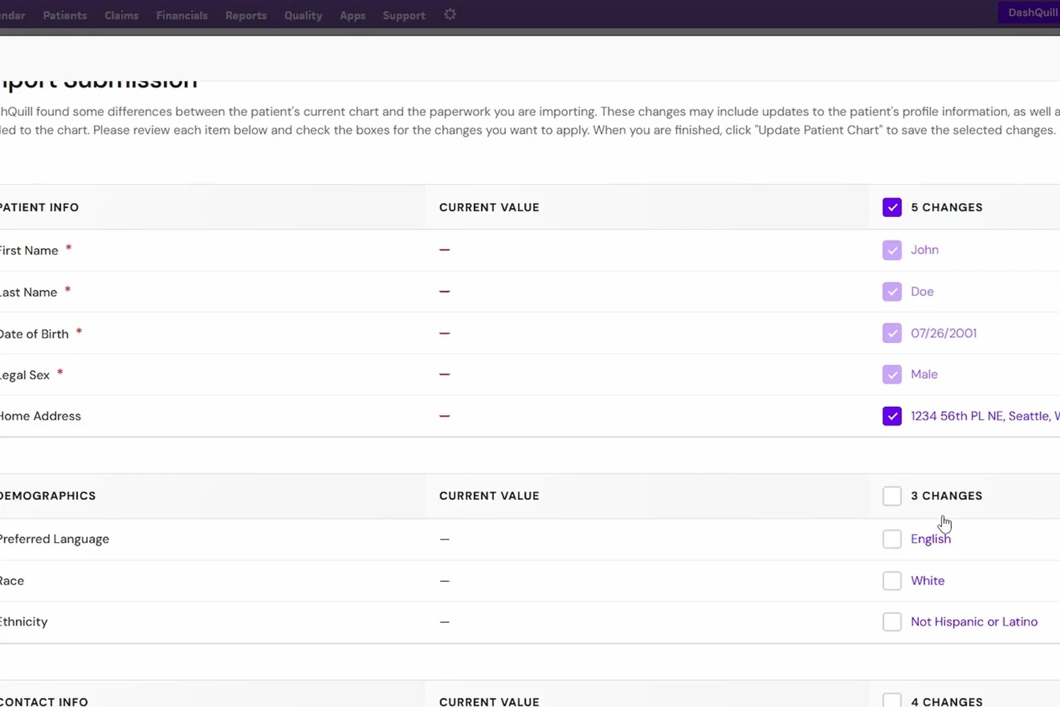 Import Submission review inside AthenaHealth listing patient info, demographics and contact fields with checkboxes