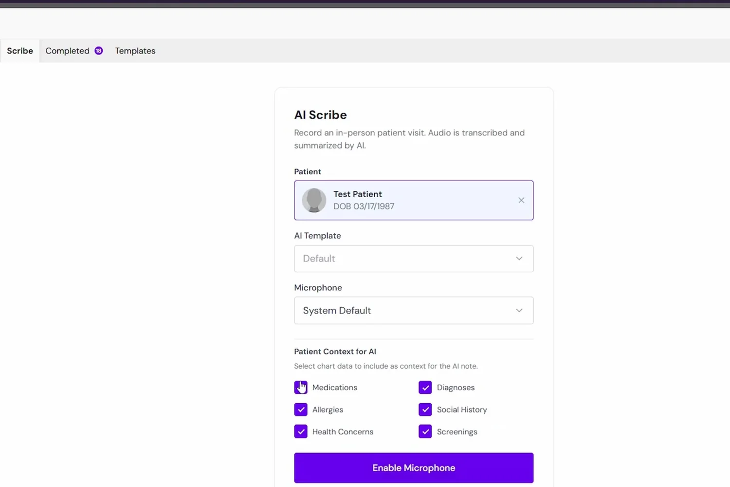 AI Scribe setup inside AthenaHealth with the patient selected and chart context checkboxes