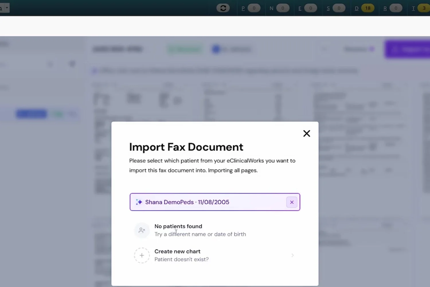 Import Fax Document dialog inside eClinicalWorks with the AI-matched patient pre-selected