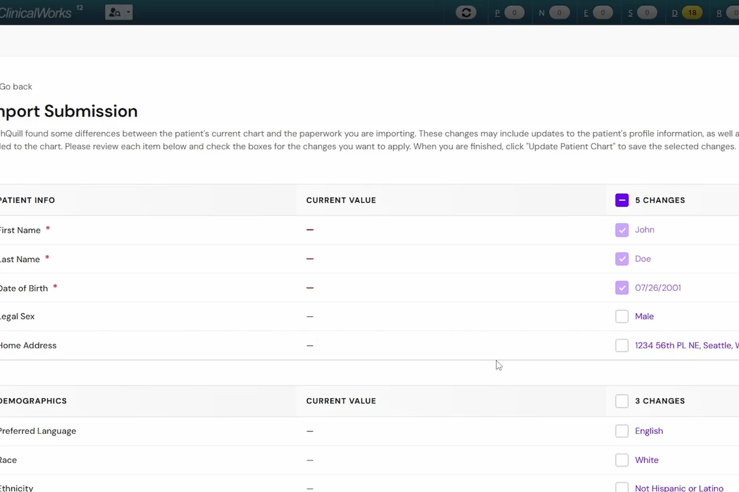 Import Submission review inside eClinicalWorks listing patient info, demographics and contact changes with checkboxes
