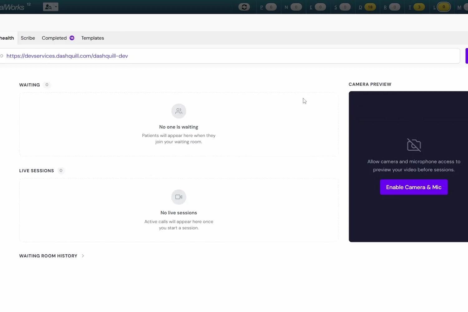 Telehealth waiting room inside eClinicalWorks with the meeting link and camera preview