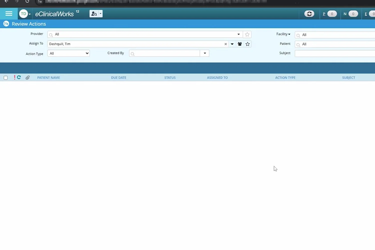 The eClinicalWorks Review Actions screen with the purple DashQuill button added to the top bar