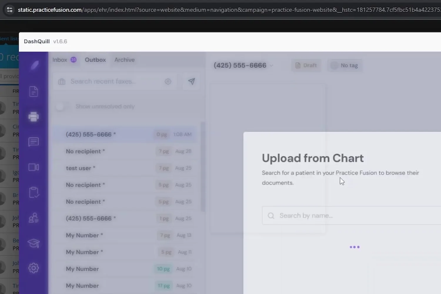 Upload from Chart dialog: search a Practice Fusion patient to attach documents from their chart to an outbound fax