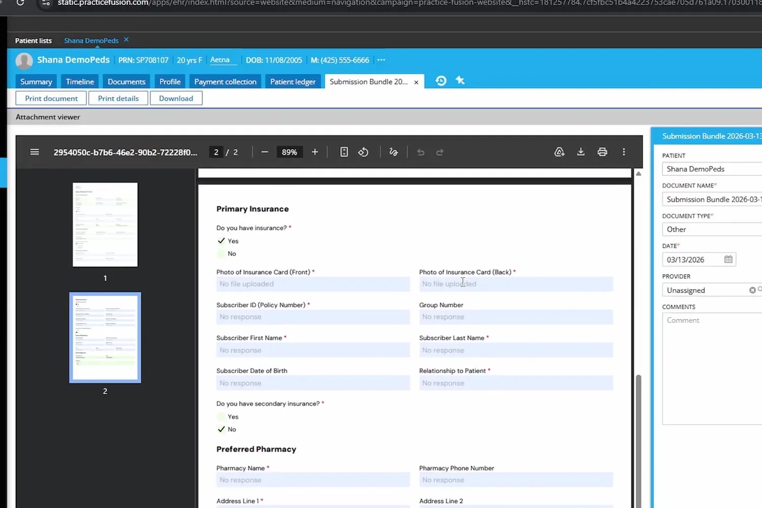 The imported form bundle open in the Practice Fusion Documents tab of the patient chart