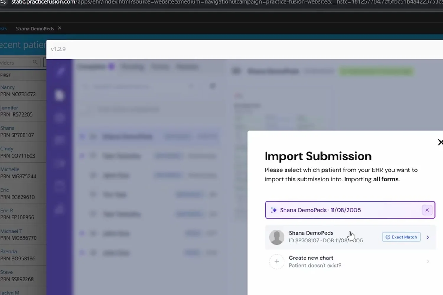 Import Submission dialog in Practice Fusion offering an exact patient match or a Create new chart option