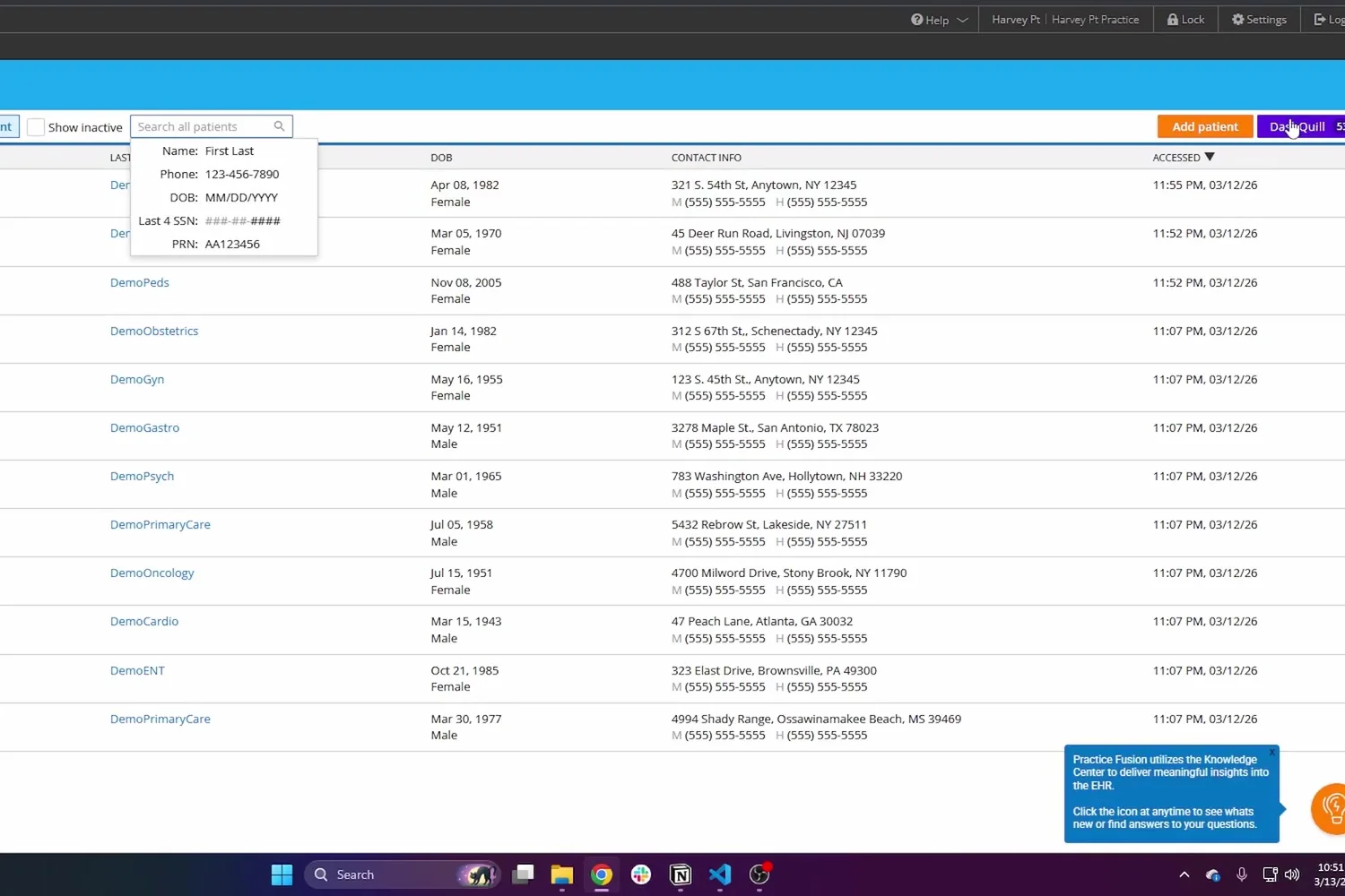 The Practice Fusion patient charts list with the DashQuill button added to the top right of the toolbar