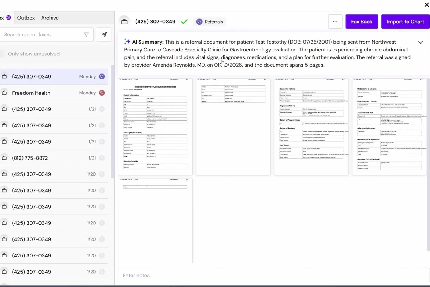 Fax inbox inside the EHR with an AI Summary paragraph above the page previews of a referral
