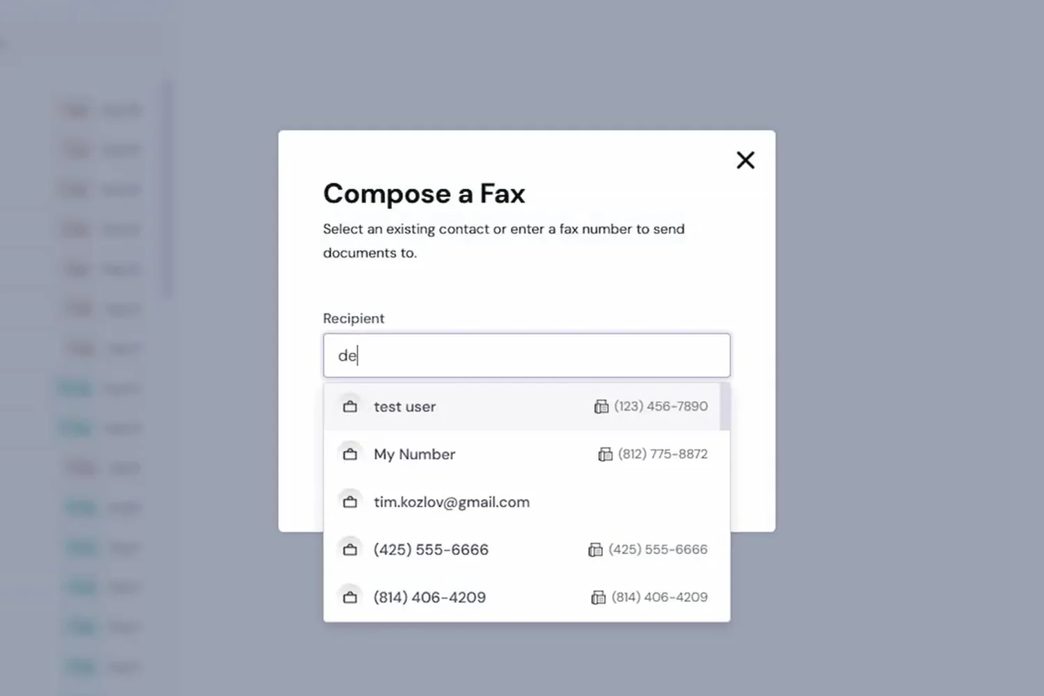 Compose a Fax dialog with saved contacts appearing as the recipient is typed