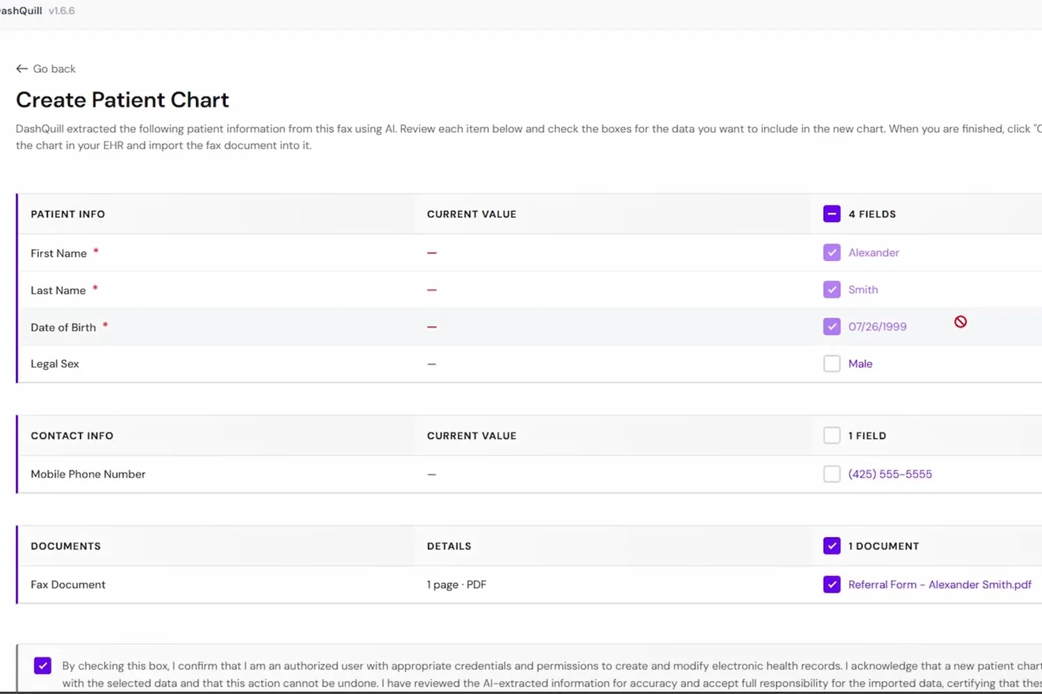 Create Patient Chart screen listing the name, date of birth and phone number the AI extracted from a fax, each with a checkbox