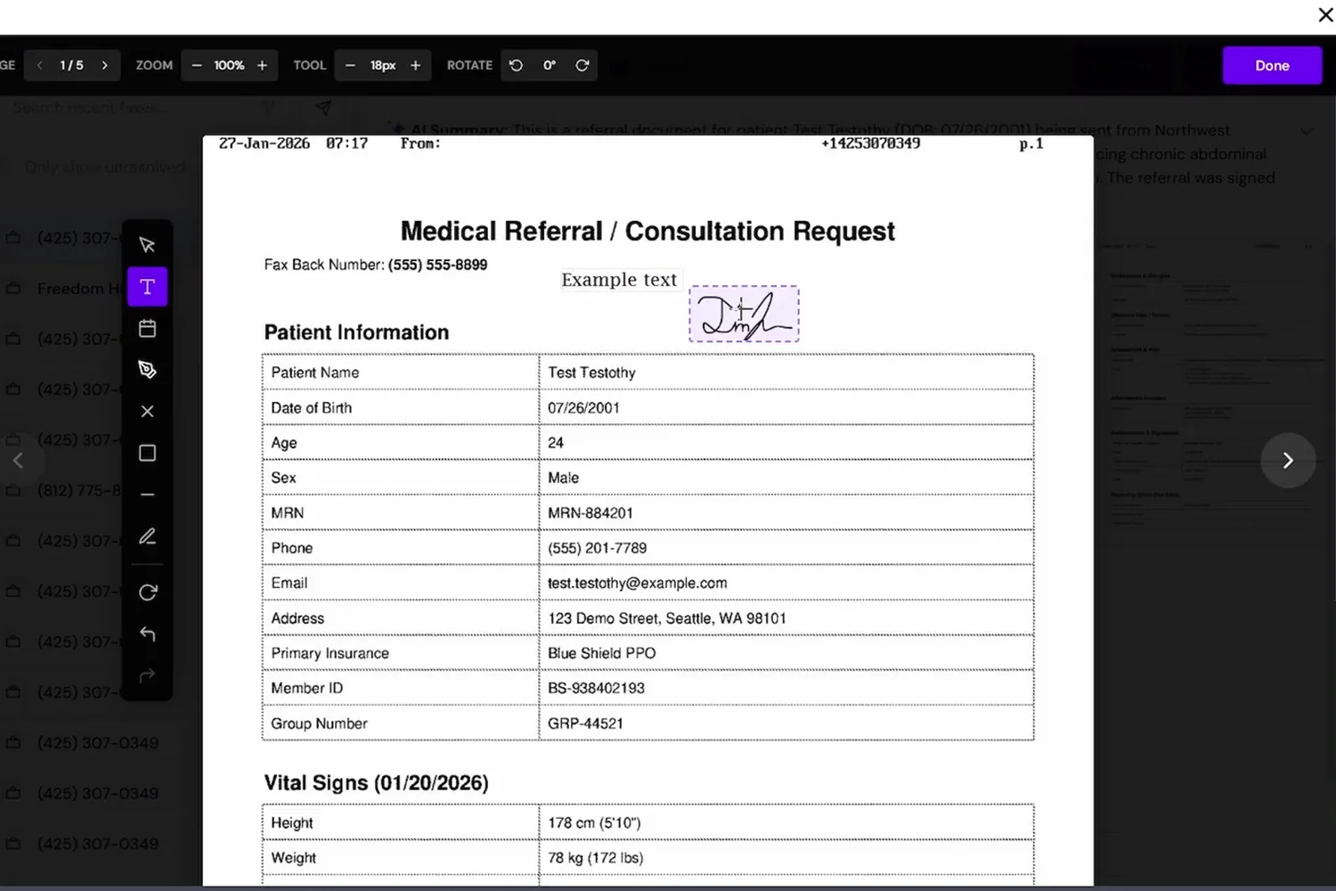 Fax viewer with the annotation toolbar and a signature placed on a medical referral form
