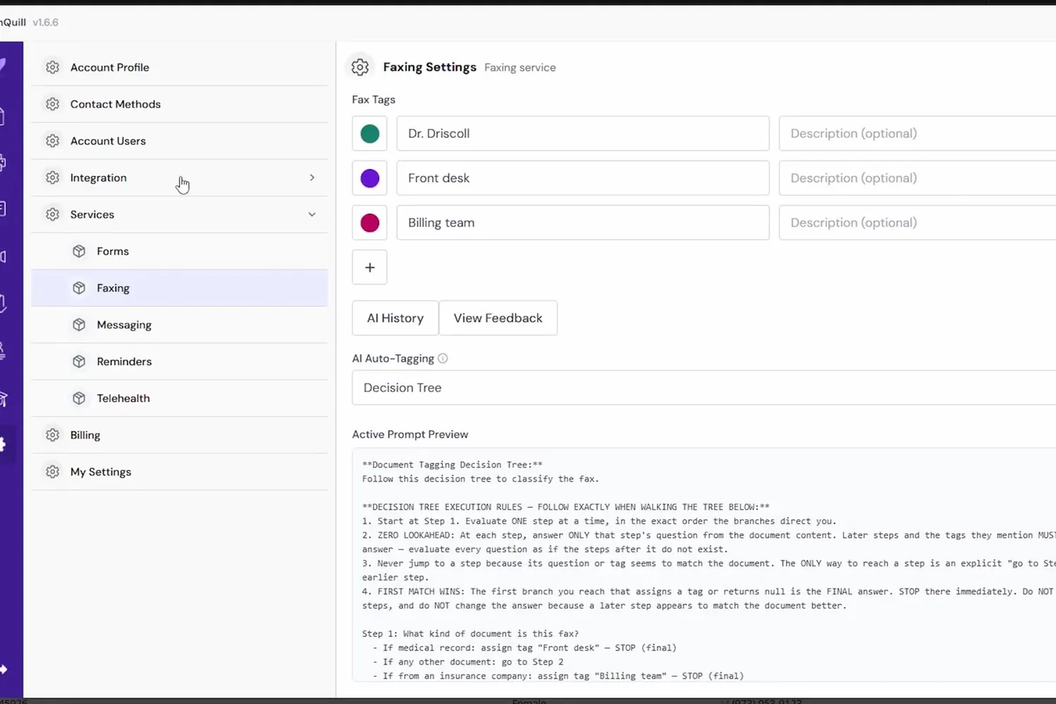 Faxing settings with provider and team tags and AI Auto-Tagging set to Decision Tree