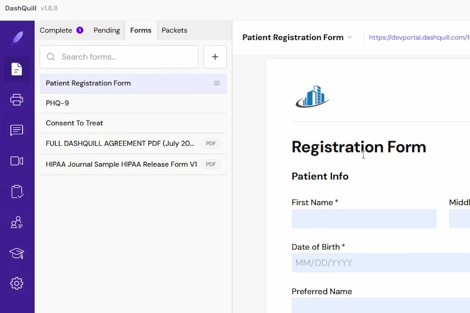 A converted Patient Registration Form open in the DashQuill Forms tab, with the form list on the left