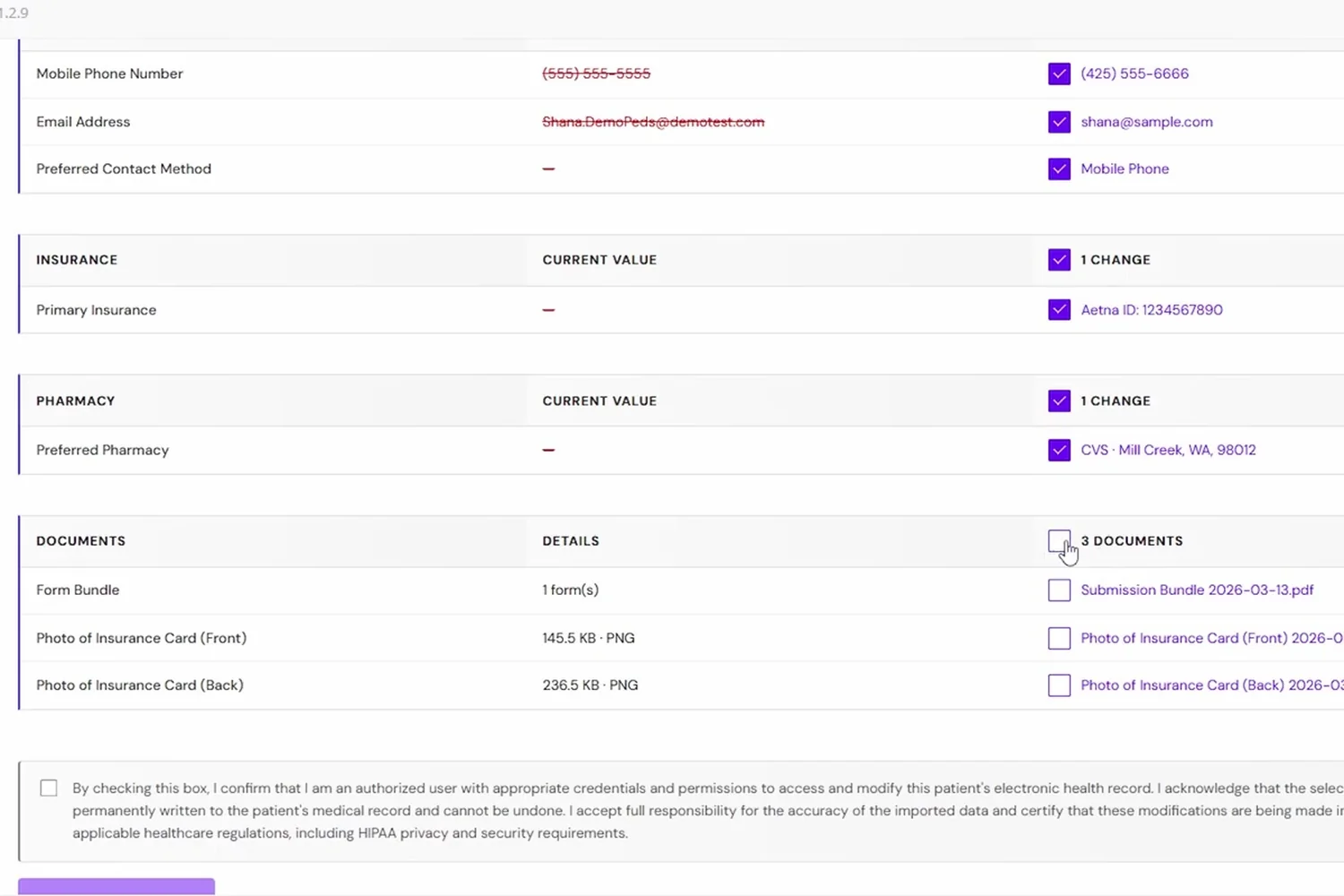 Import review showing insurance, pharmacy and the documents section with the form bundle and insurance card photos