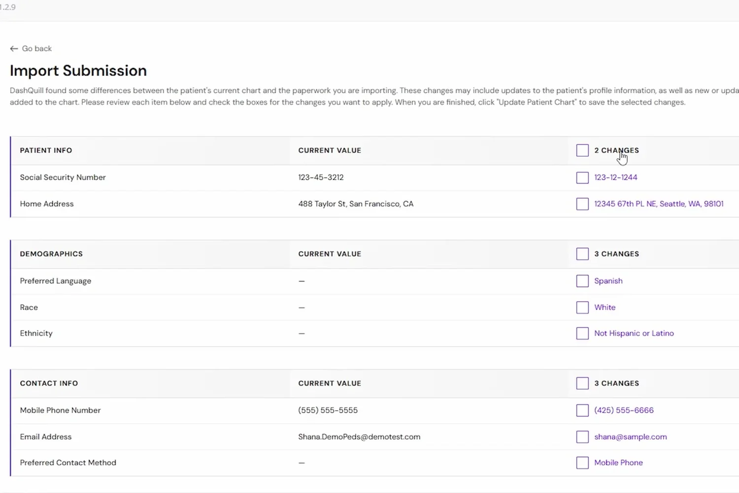 DashQuill Import Submission screen inside Practice Fusion, comparing current chart values with new values from the form, each change with its own checkbox