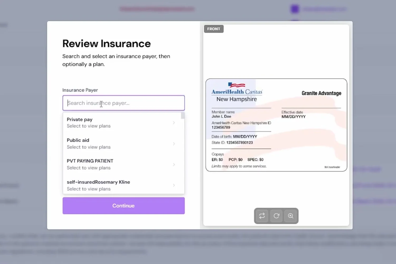Review Insurance dialog showing the photographed insurance card beside a payer search list