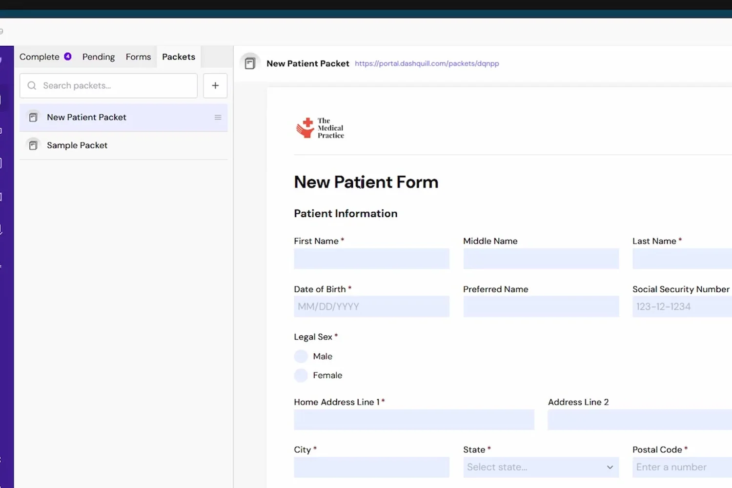 Packets tab with a New Patient Packet open, showing the converted New Patient Form