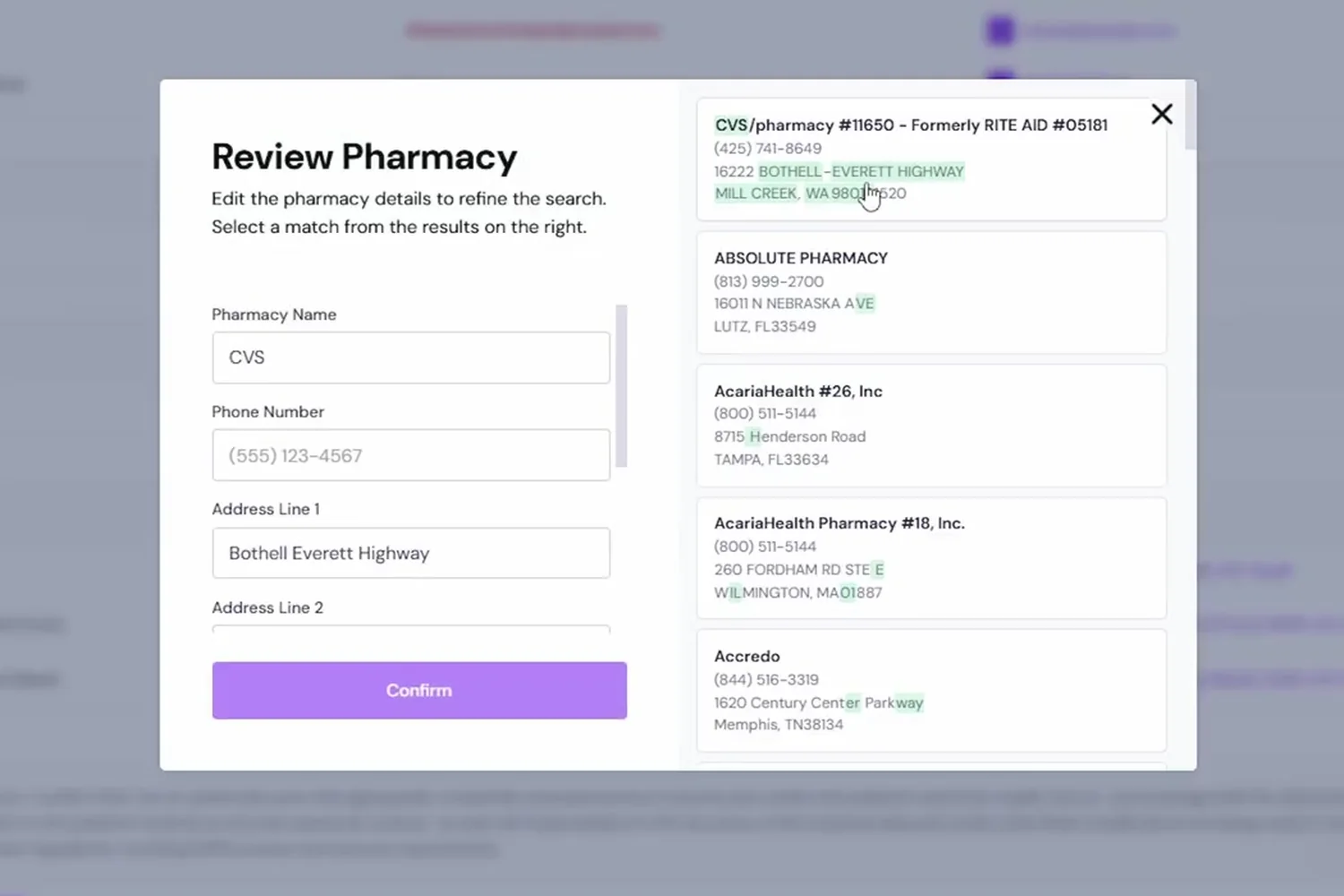 Review Pharmacy dialog matching the pharmacy the patient typed to entries in the EHR directory