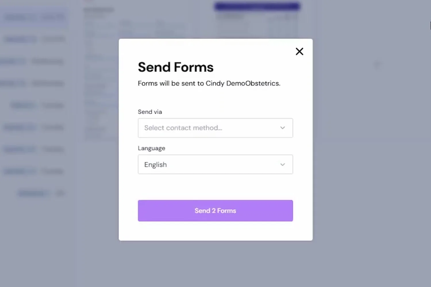 Send Forms dialog with a contact method dropdown and a language selector