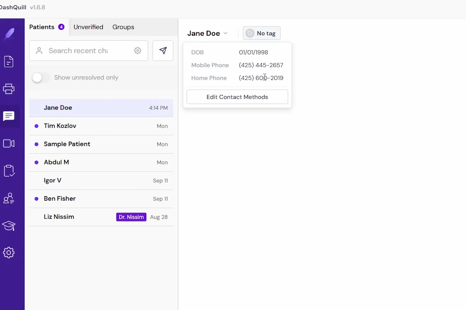 A patient chat opened from the chart, showing date of birth, mobile and home phone synced from the EHR