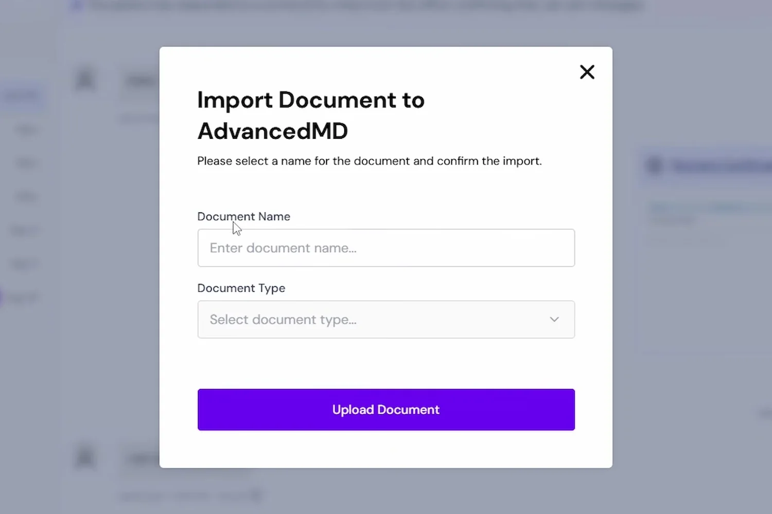 Import Document to AdvancedMD dialog with document name and type fields