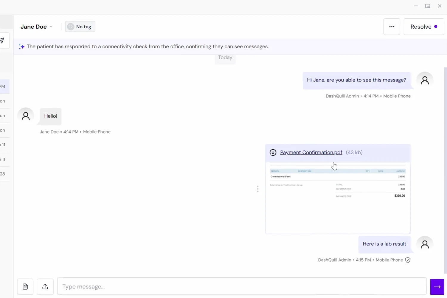 A conversation where a PDF was shared as a secure message, marked with a lock icon