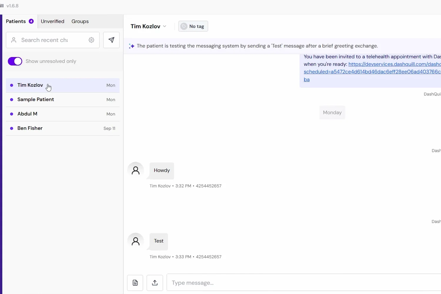 Practice inbox filtered to unresolved chats with an AI summary above the conversation and a Resolve button