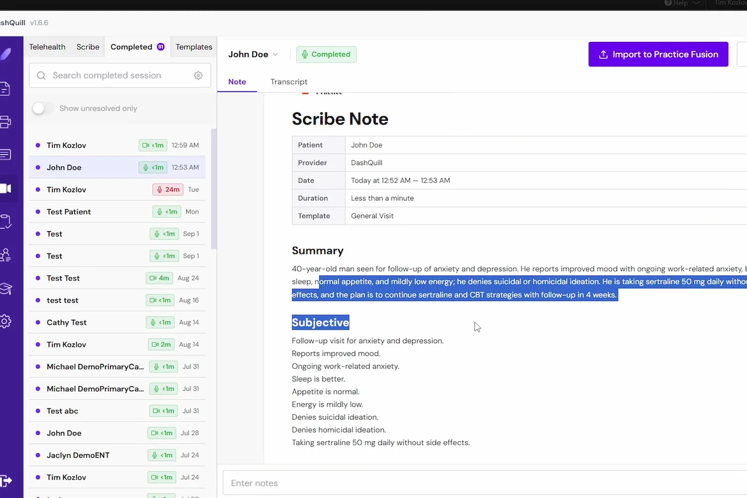 A completed Scribe Note with Summary and Subjective sections and an Import to Practice Fusion button