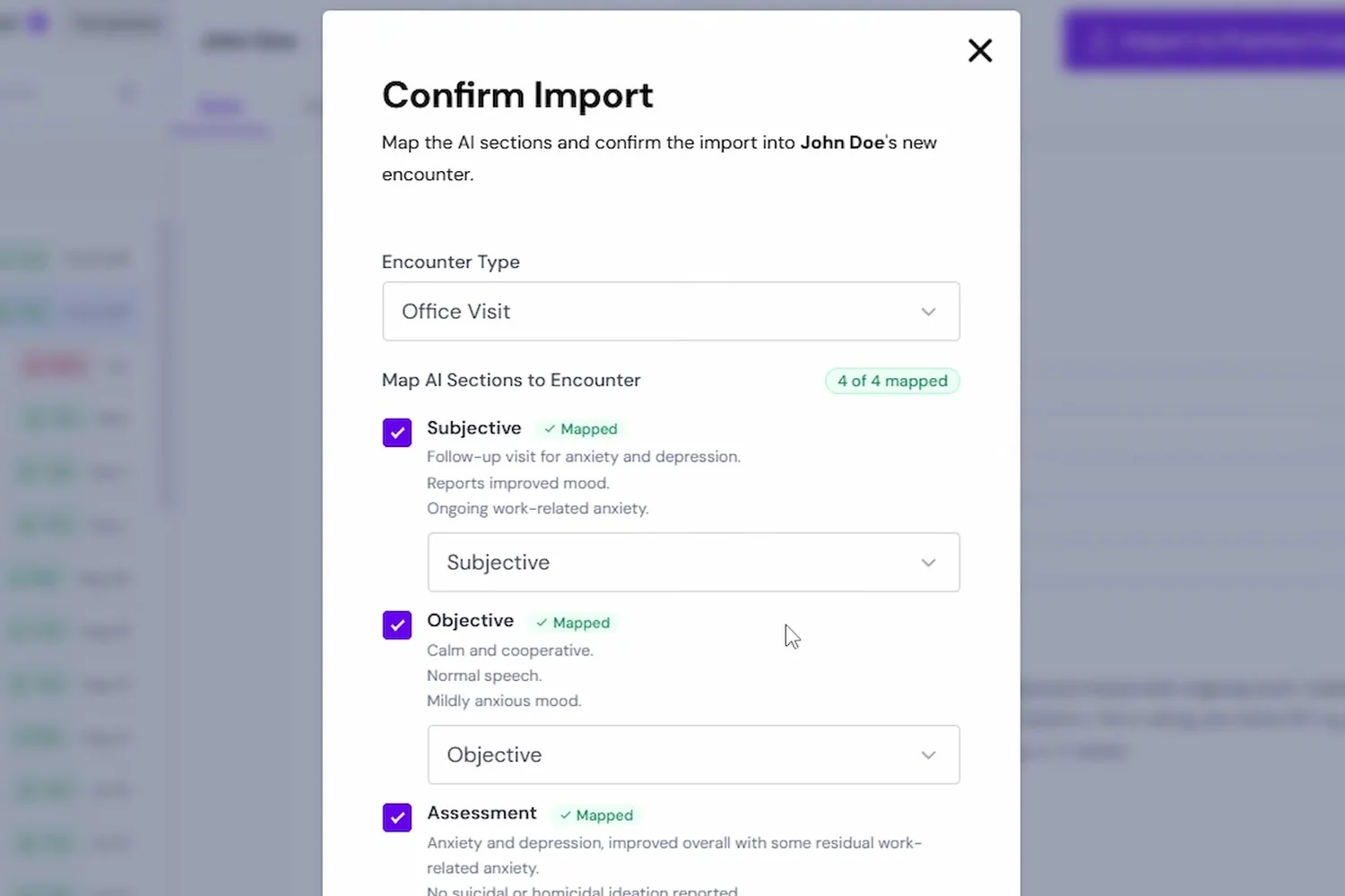 Confirm Import dialog mapping Subjective, Objective, Assessment and Plan sections to an Office Visit encounter