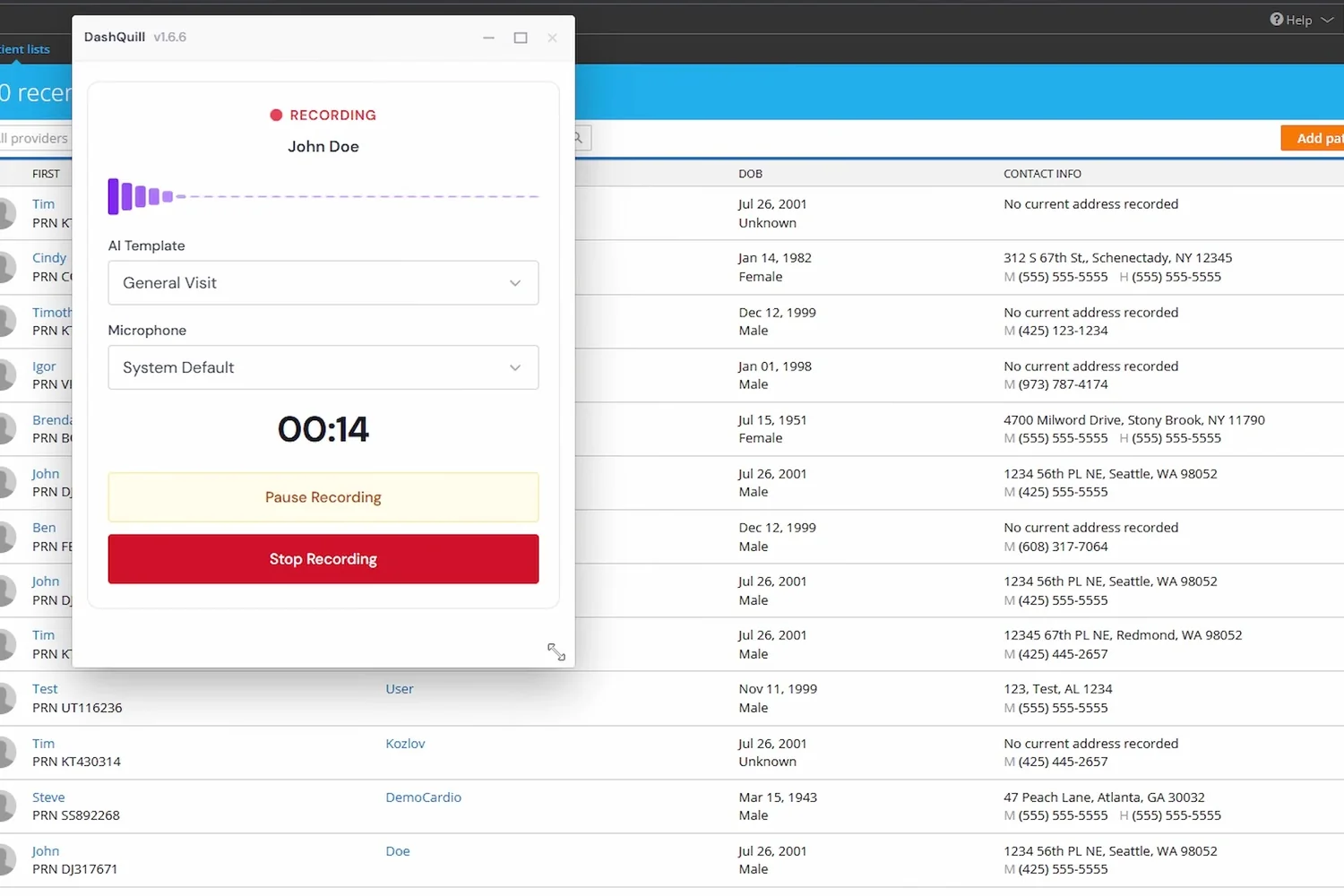 A small DashQuill recording window floating over the Practice Fusion patient list while a scribe session runs
