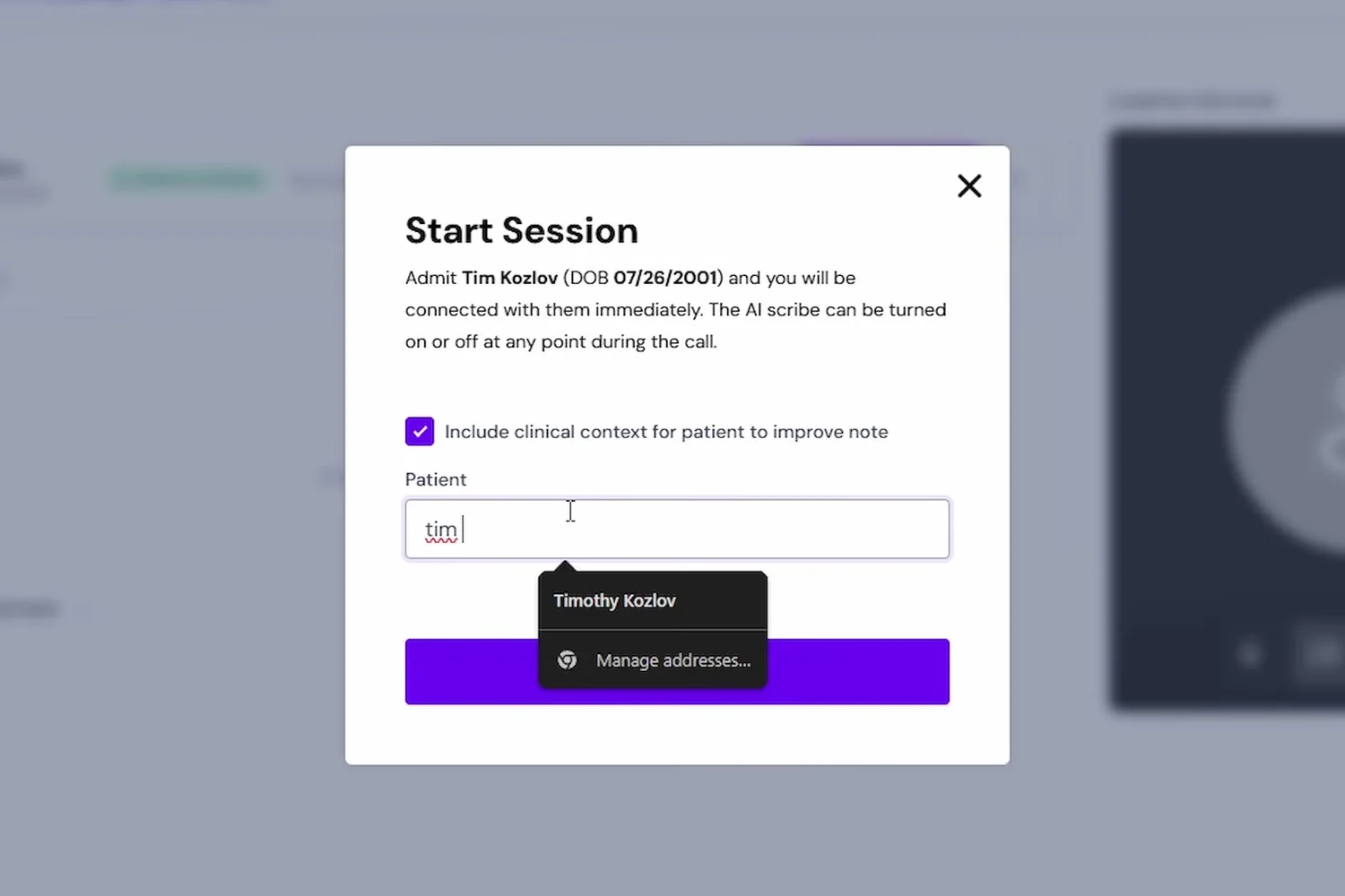 Start Session dialog with the option to include clinical context for the patient checked